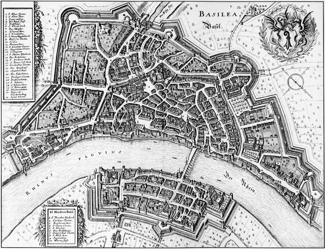 Vista aérea gravada da cidade de Basel em 1642, por Matthäus Merian, mostrando o rio Reno cortando a cidade murada