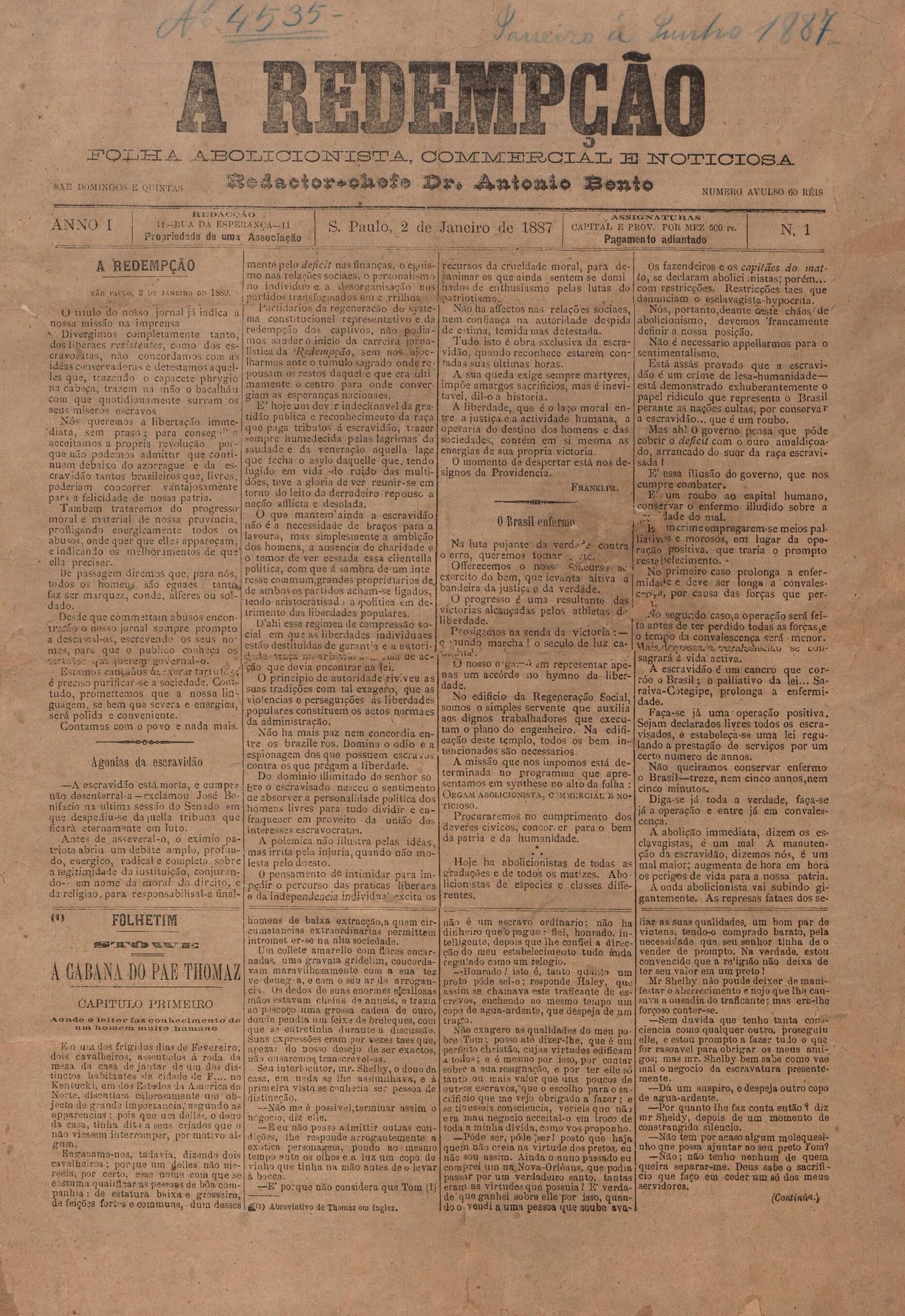 Primeira página do jornal abolicionista A Redempção, de 2 de janeiro de 1887, com título em letras grandes e o nome do redator-chefe, Antonio Bento