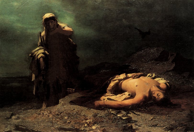 Pintura de Antígona, de pé e envolta em panos escuros, ao lado do corpo estendido do irmão Polinices, sob um céu tempestuoso
