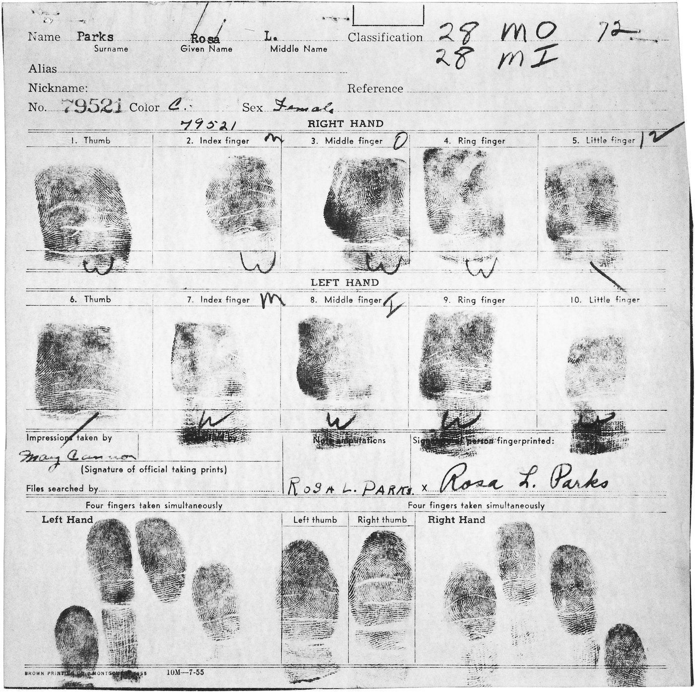 Ficha datiloscópica de Rosa L. Parks, com as impressões dos dez dedos e a assinatura dela