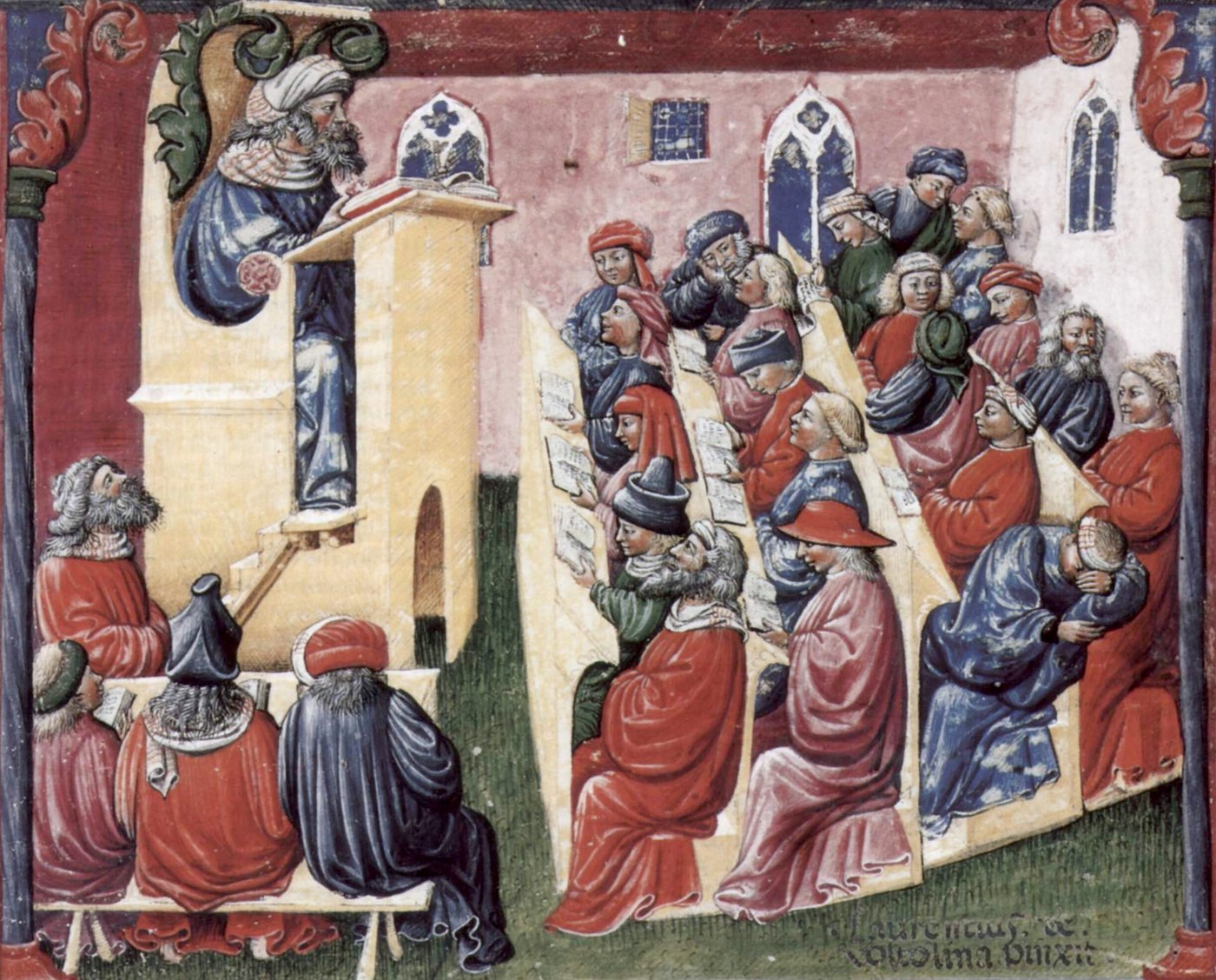 Henricus de Alemannia leciona a estudantes em Bolonha, miniatura de Laurentius de Voltolina