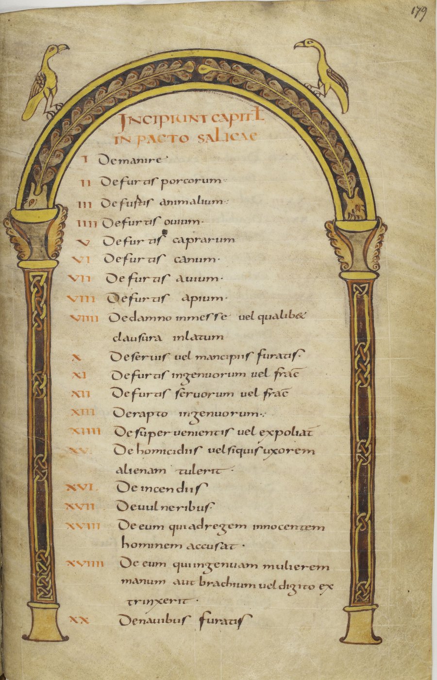 Página de manuscrito carolíngio da Lex Salica (c. 803–814), com arcada ornamentada e a lista dos capítulos