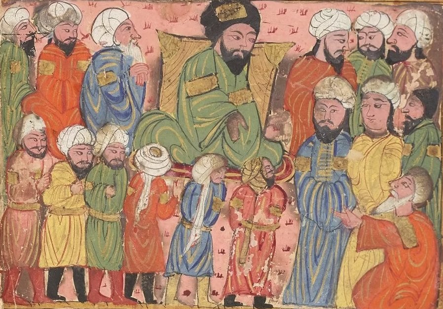Cádi (juiz) de turbante negro, cercado de homens de turbante branco, em miniatura das Maqamat de al-Hariri