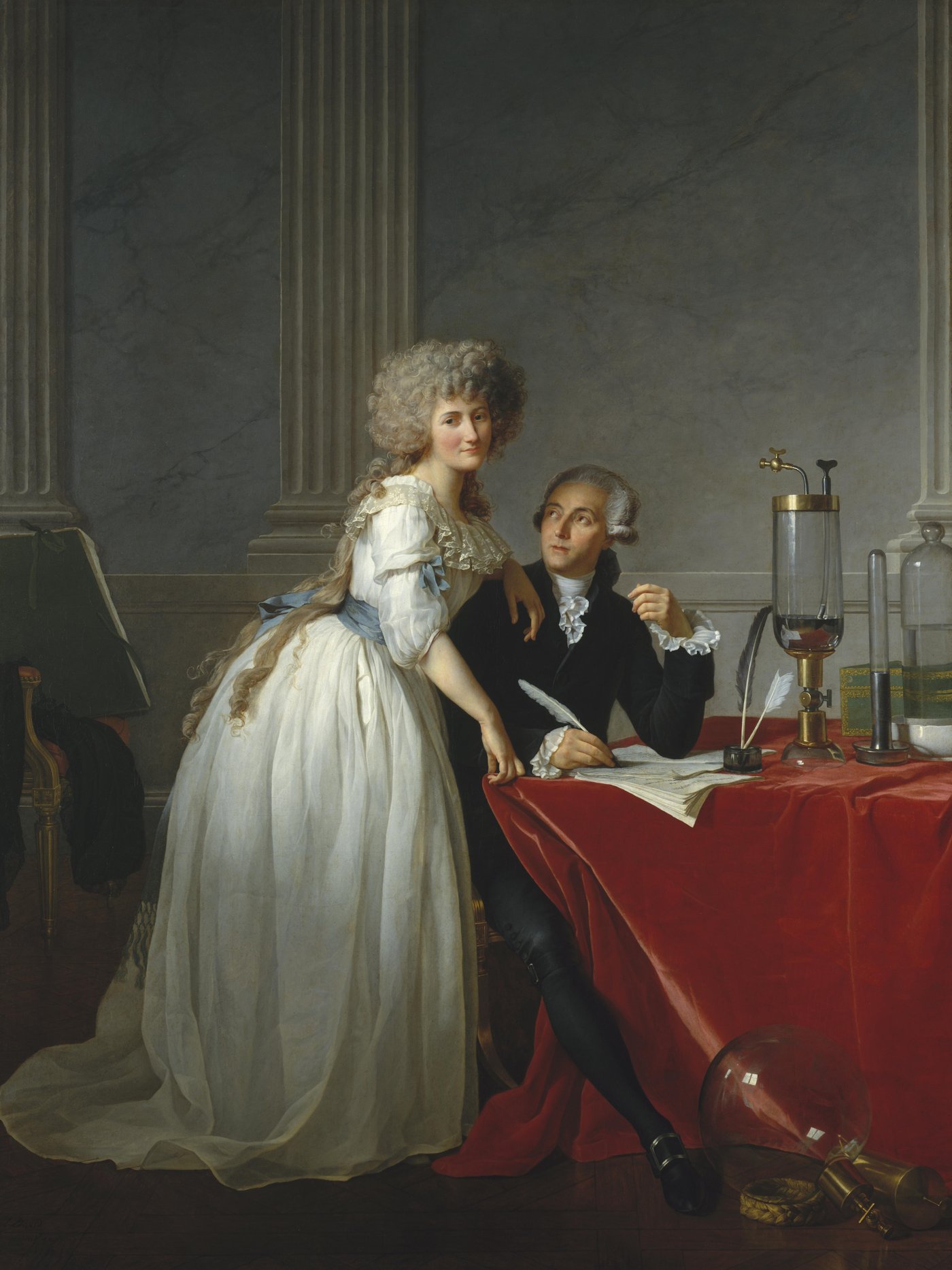 Pintura de Jacques-Louis David retratando o químico Antoine Lavoisier sentado à mesa de trabalho, com instrumentos científicos, ao lado da esposa Marie-Anne Paulze