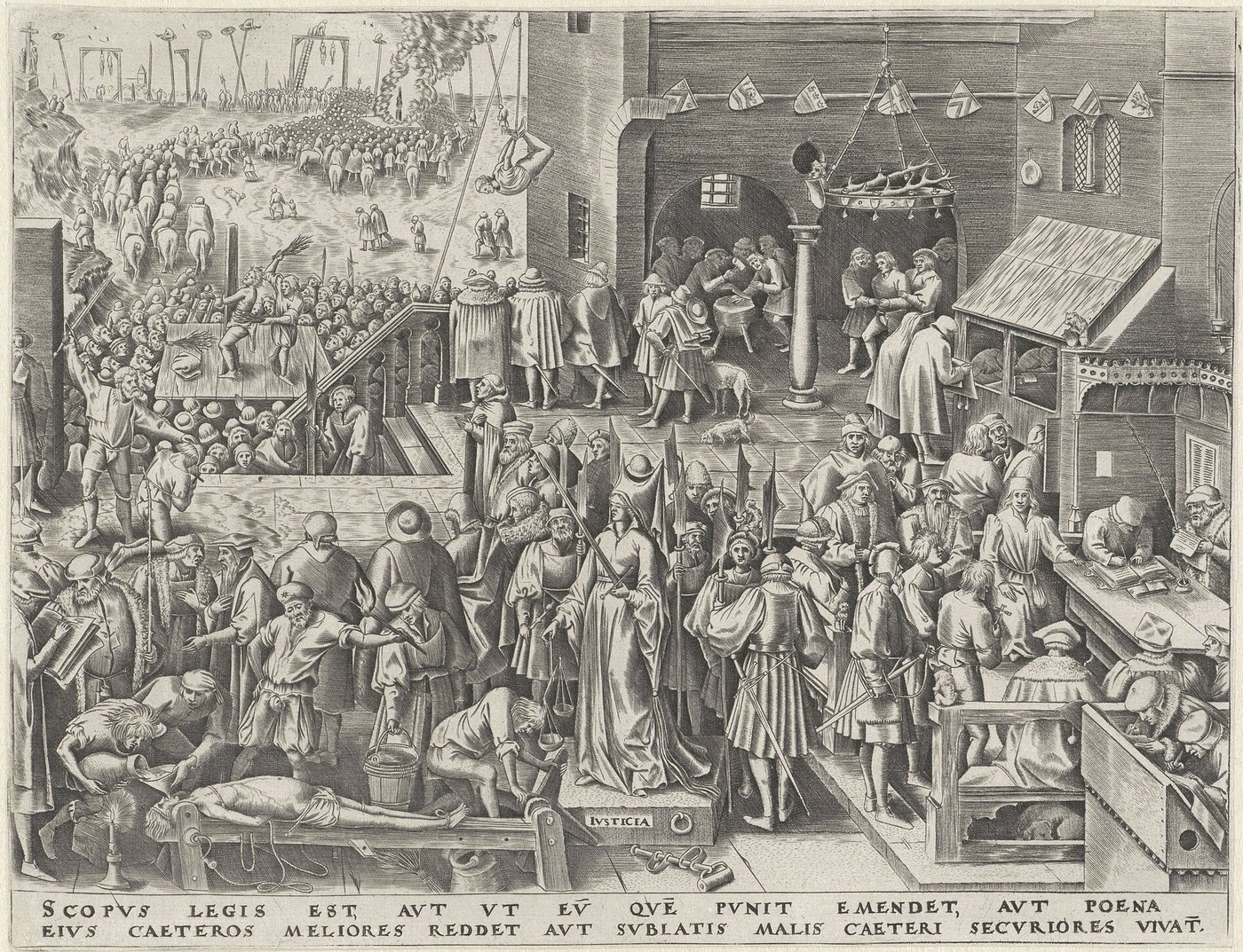 Gravura Justicia de Philips Galle segundo Pieter Bruegel, o Velho: a Justiça de olhos vendados, com espada e balança, cercada de castigos