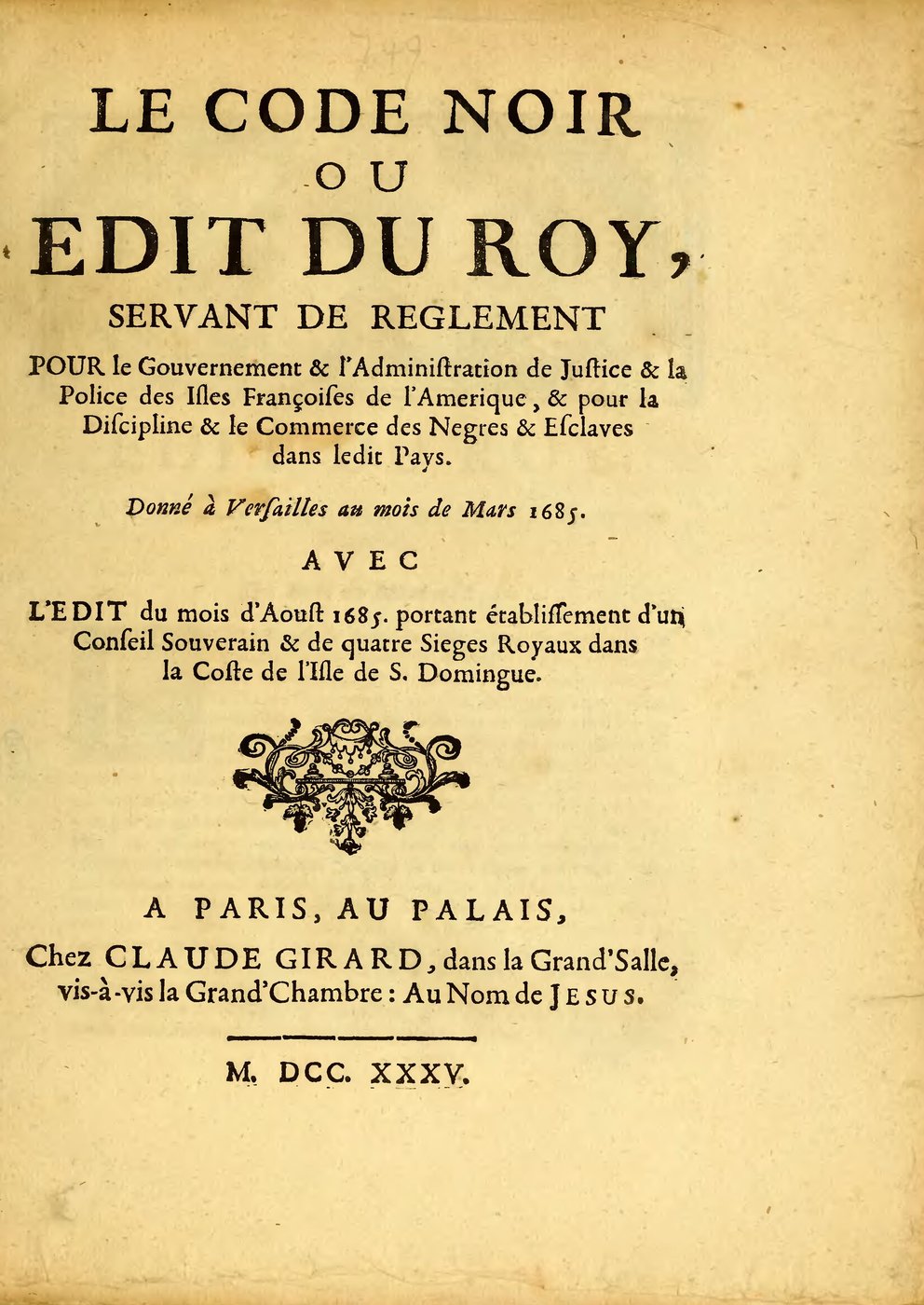 Folha de rosto de uma edição de 1735 do Code Noir, o edito de março de 1685