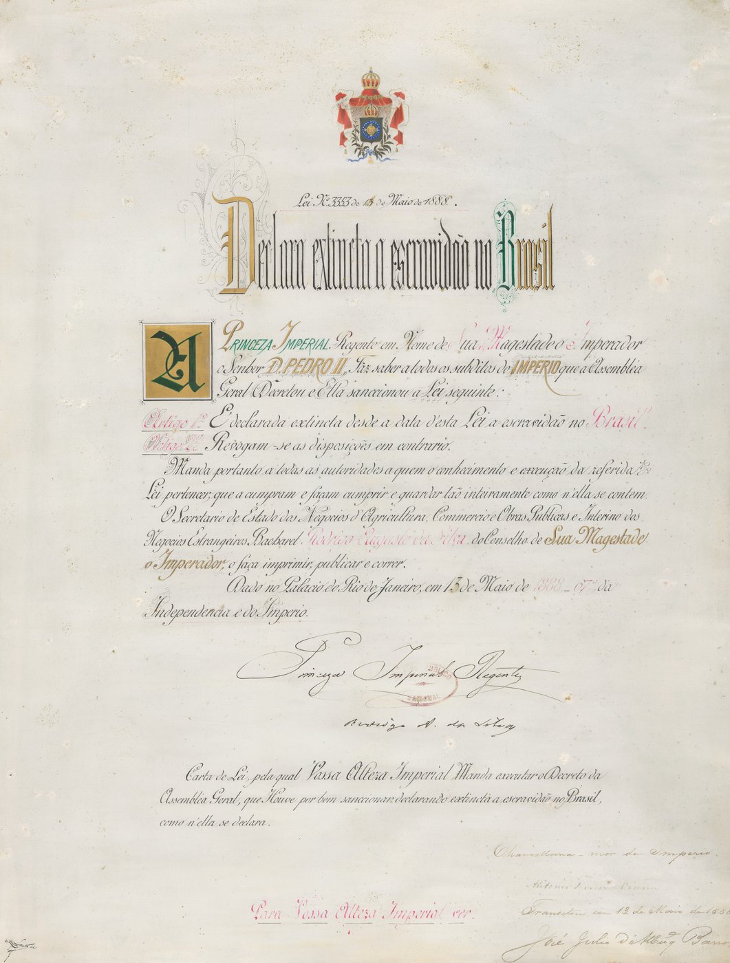 Original manuscrito da Lei Áurea, assinada pela Princesa Isabel em 13 de maio de 1888