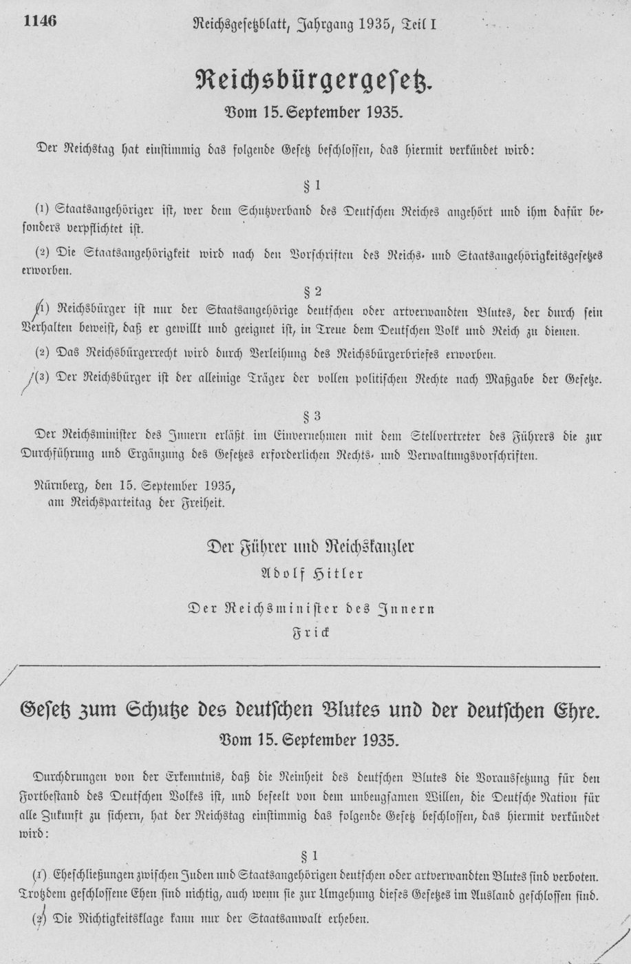Página do Reichsgesetzblatt de 15 de setembro de 1935 com as Leis de Nuremberg