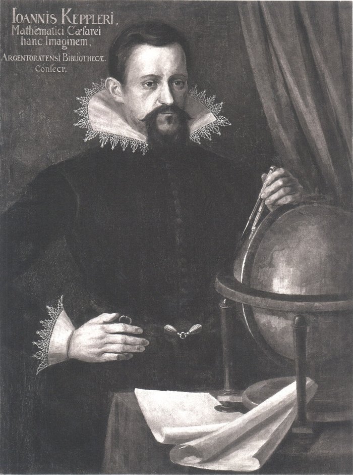 Retrato de Johannes Kepler, segurando um compasso ao lado de um globo terrestre