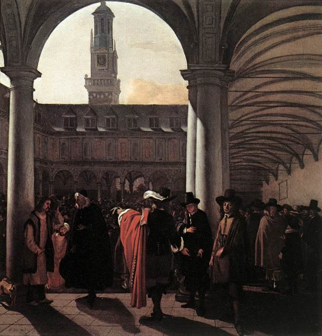Pintura do pátio da Bolsa de Amsterdã, com mercadores de chapéus e capas conversando sob arcadas de pedra