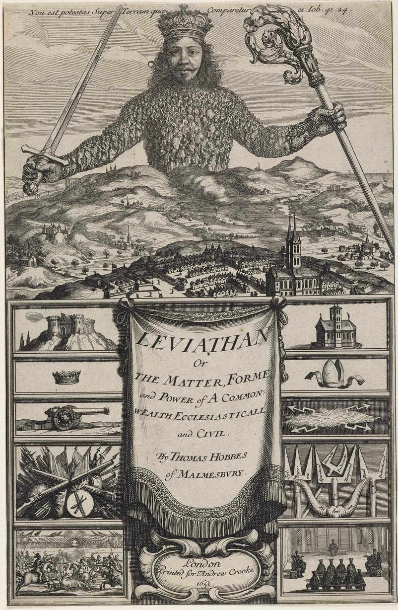 Frontispício do Leviathan de Hobbes: um gigante coroado, com espada e báculo, cujo corpo é formado por centenas de pequenas figuras humanas, erguendo-se sobre uma paisagem com uma cidade