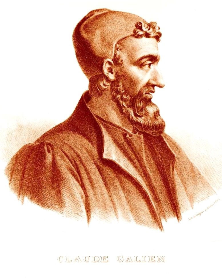 Litografia avermelhada de Galeno de perfil, com barrete e barba