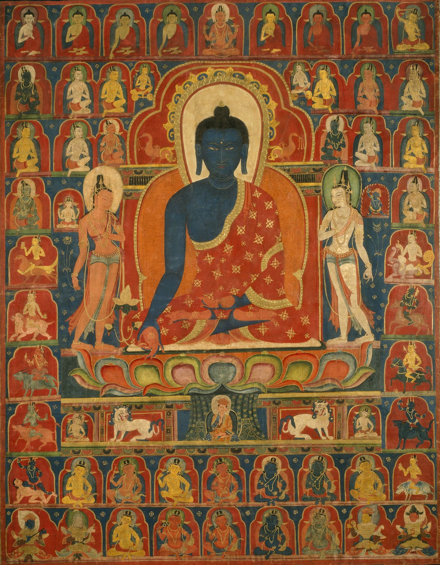 Thangka tibetano do Buda da Medicina, de pele azul, sentado sobre um lótus entre fileiras de pequenas divindades