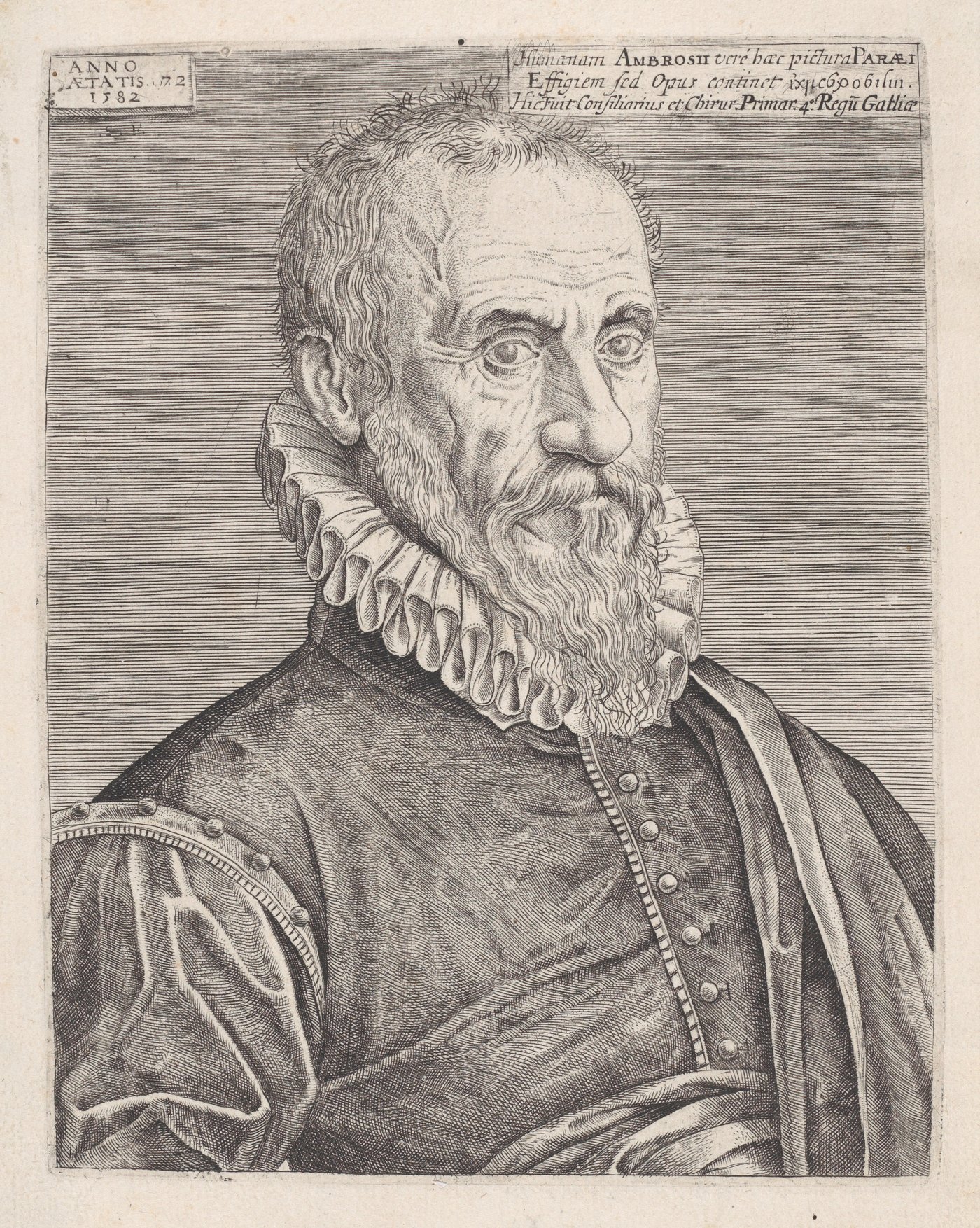 Retrato gravado de Ambroise Paré aos 72 anos, de barba e gola pregueada