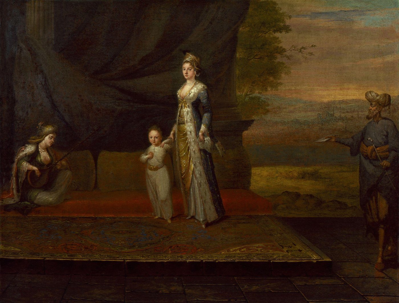 Lady Mary Wortley Montagu em trajes turcos, de pé com o filho pequeno, cercados por criados, em Constantinopla
