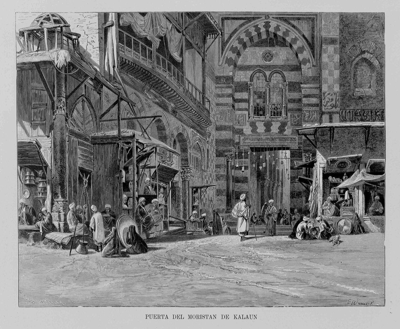 Gravura de 1882 da porta do antigo hospital de Qalawun, no Cairo, com figuras na rua