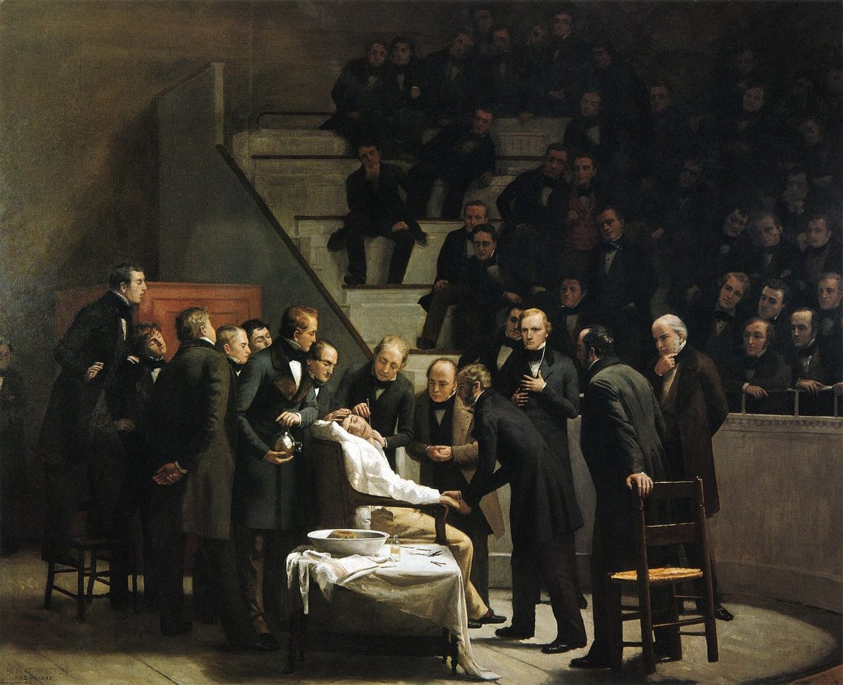 Pintura da primeira operação sob éter, em Boston, 1846, num anfiteatro cheio de homens de casaca