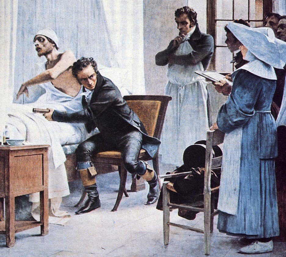 Laennec ausculta um paciente com o estetoscópio no Hospital Necker