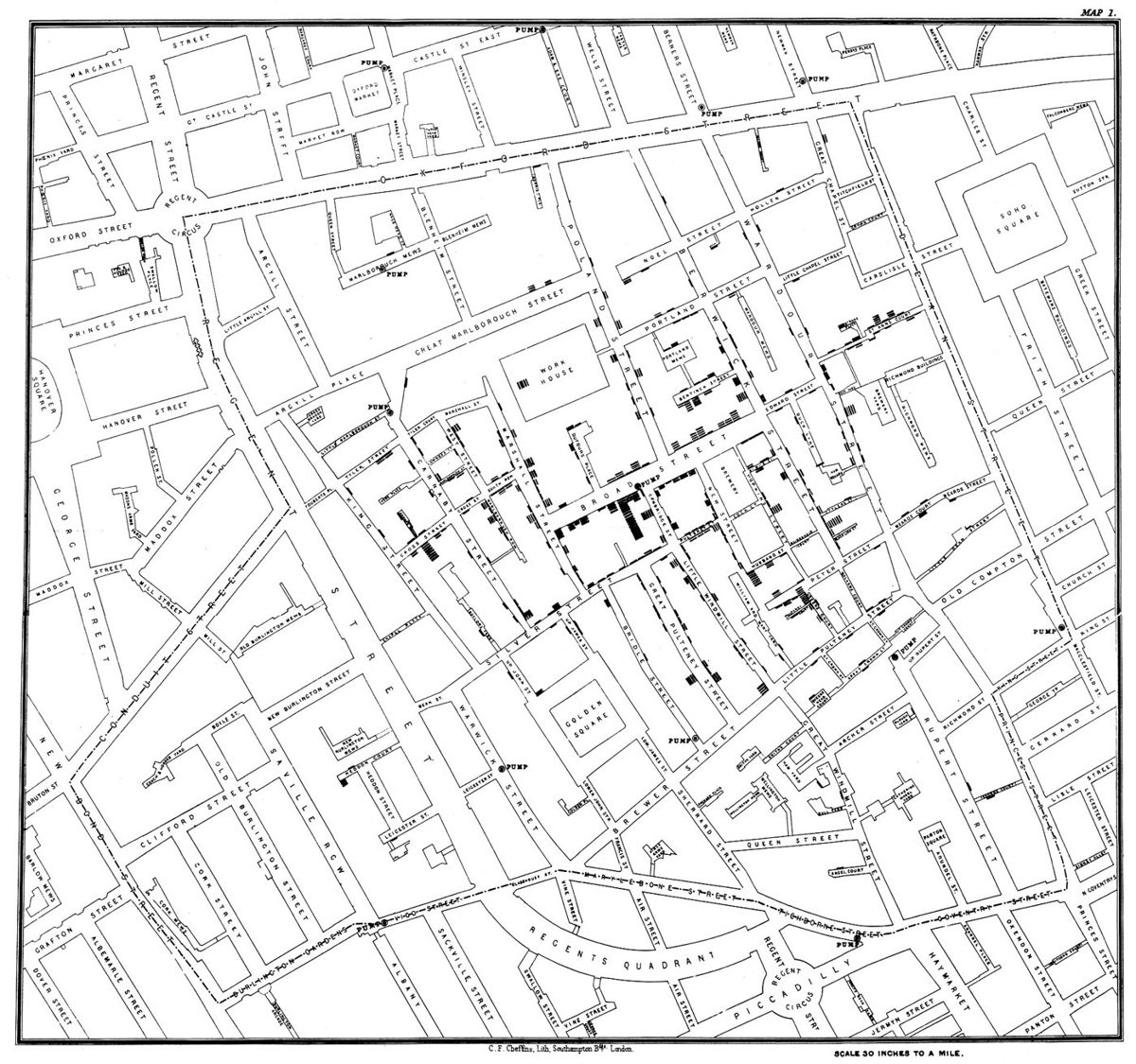 Mapa de Snow com as mortes por cólera na Broad Street