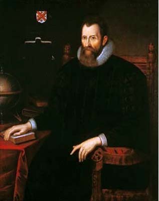 Retrato de John Napier, o 8º Laird de Merchiston, com barba e gola rendada, ao lado de um globo terrestre e um livro