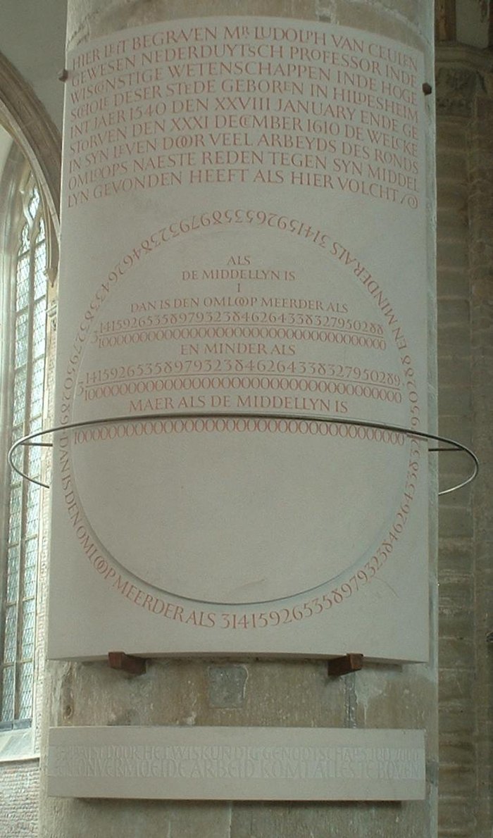 Monumento a Ludolph van Ceulen na Pieterskerk, em Leiden, com os dígitos de π gravados ao redor de um diagrama circular