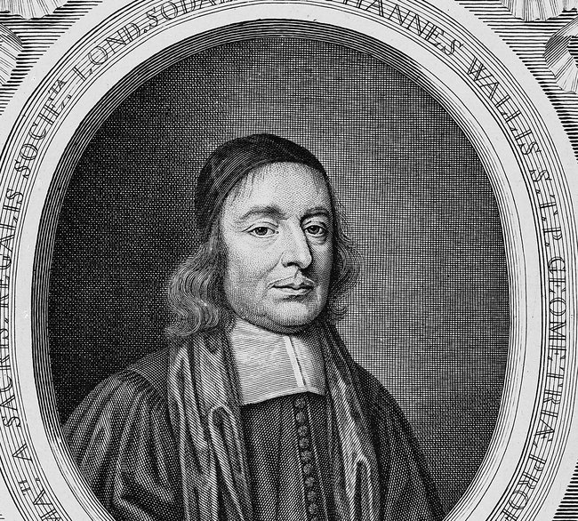Retrato oval gravado de John Wallis, em trajes acadêmicos